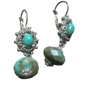 Faux Turquoise Antiqued Vintage Style Dangle Drop Blue Silver Pierced Earring
